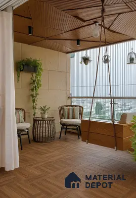 Modern balcony with wood-look floor tiles, geometric wooden ceiling panels, and beige stone wall cladding in Sobha Chrysanthemum Thanisandra 3 BHK Bengaluru Apartment