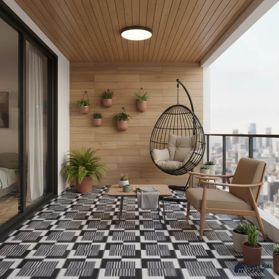 Modern balcony with wood-look wall panels and black-and-white geometric patterned floor tiles