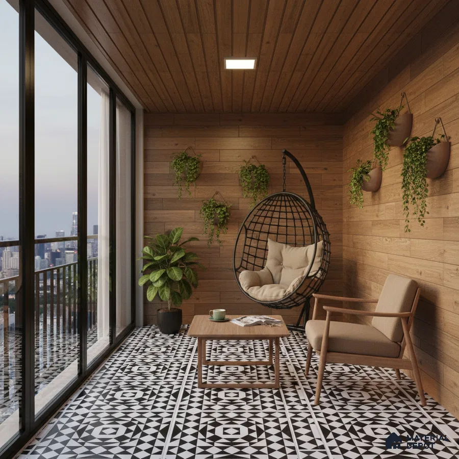 Modern balcony with wood-look wall panels and black-and-white geometric patterned floor tiles