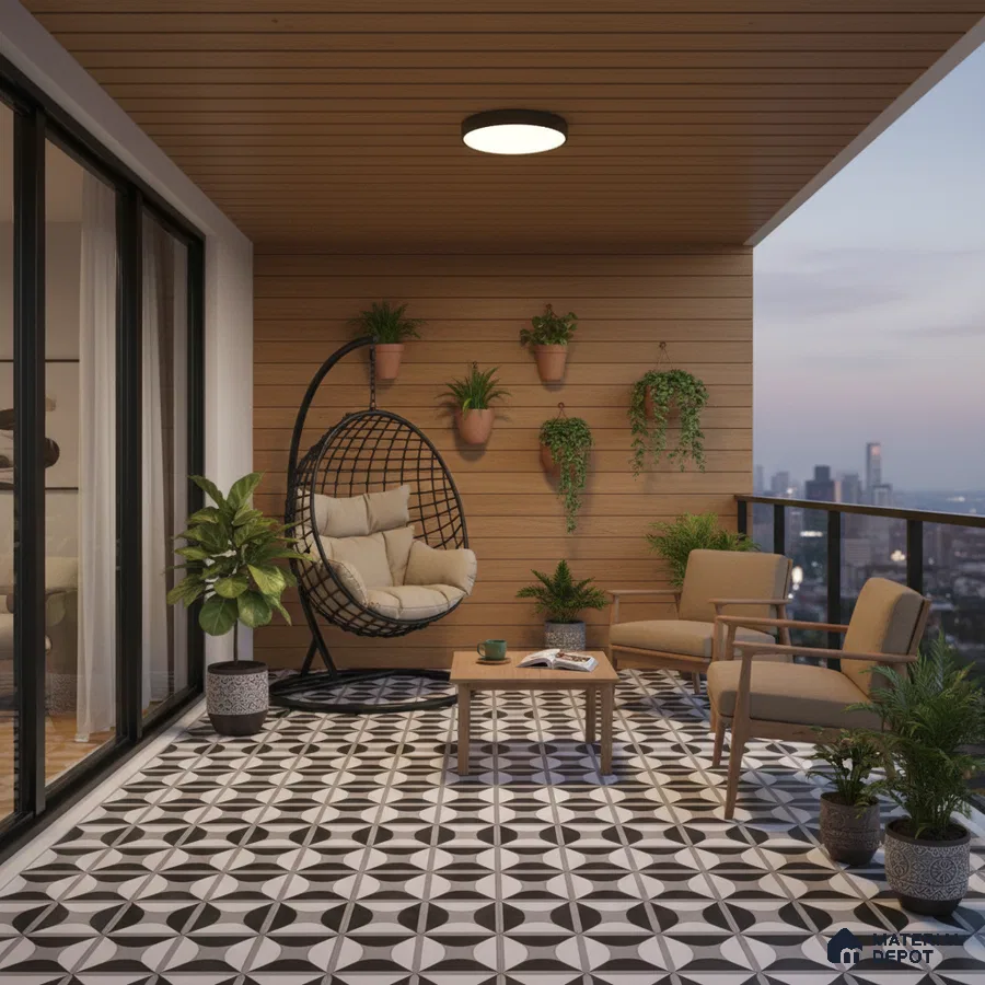 Modern balcony with wood-look wall panels and black-and-white geometric patterned floor tiles