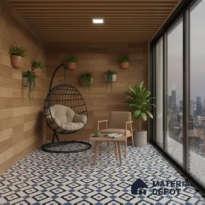 Modern balcony with wood-look wall panels and black-and-white geometric patterned floor tiles