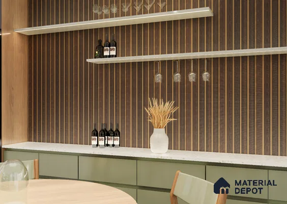 Modern Bar Area with Metallic Fluted Panels and Floating Glass Shelves | Material Depot