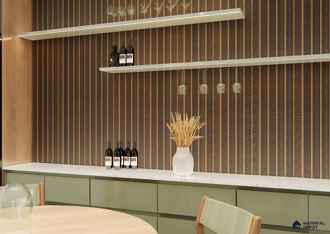 Modern Bar Area with Metallic Fluted Panels and Floating Glass Shelves | Material Depot