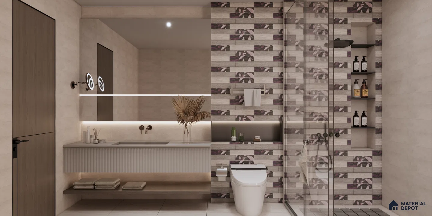 Modern Bathroom Design with Floral Glazed Vitrified Tiles | Material Depot
