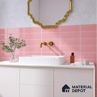Modern Bathroom with Pink Subway Tiles and Gold Mirror Accents | Material Depot