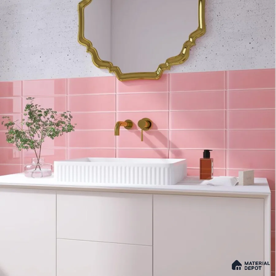 Modern Bathroom with Pink Subway Tiles and Gold Mirror Accents | Material Depot