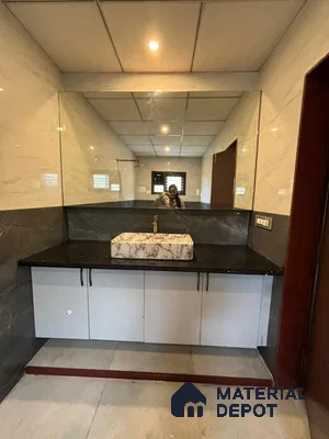 Modern Bathroom Vanity with Marble Accents and white cabinet | Material Depot