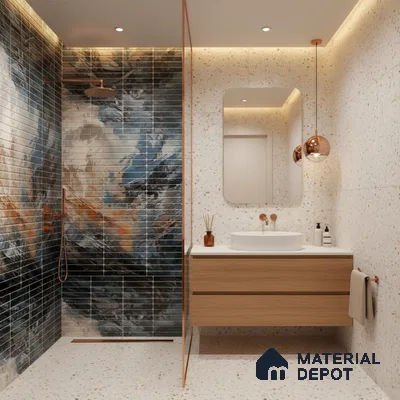 Modern bathroom with abstract blue highlighter wall tiles, terrazzo floor and wall tiles, and floating wood vanity | Material Depot