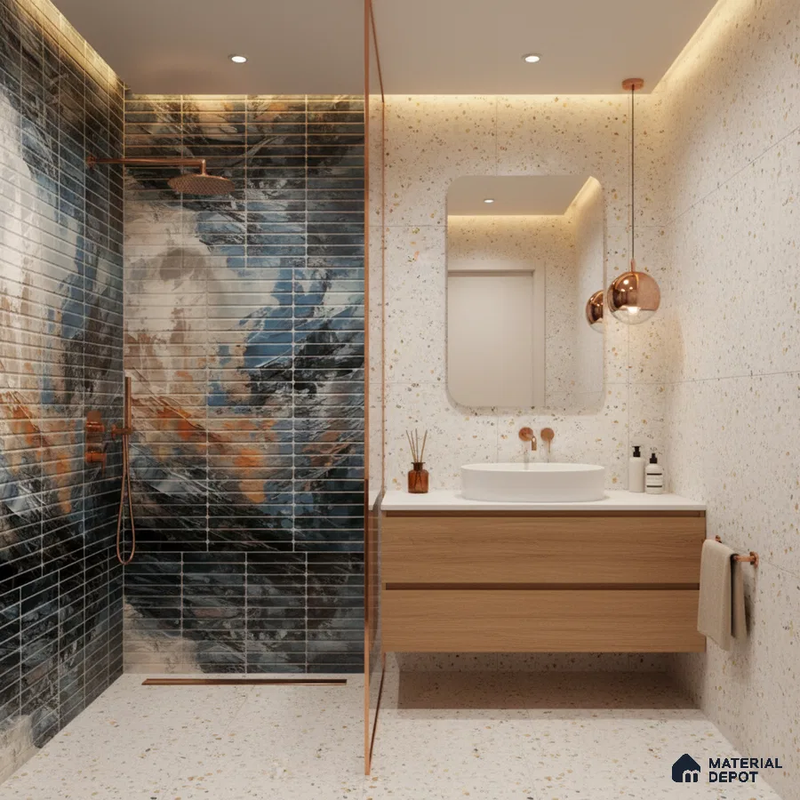Modern bathroom with abstract blue highlighter wall tiles, terrazzo floor and wall tiles, and floating wood vanity | Material Depot