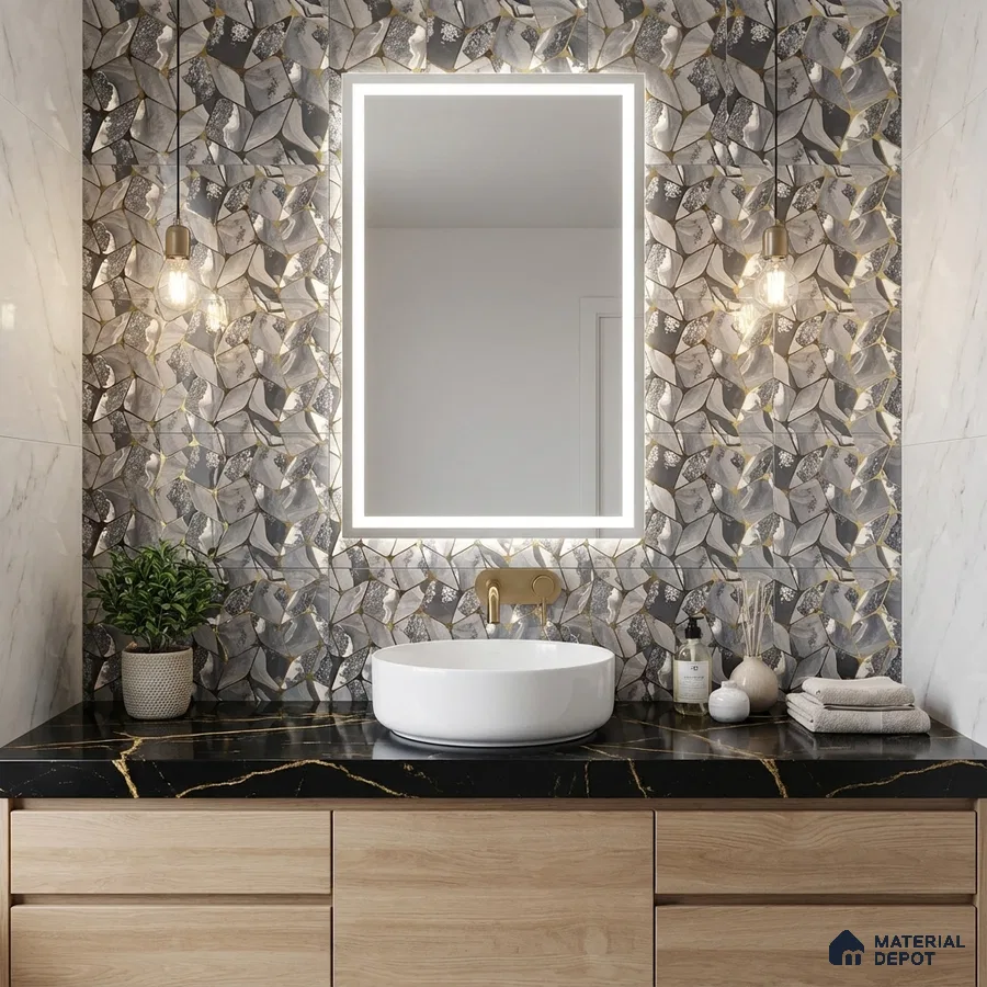 Modern bathroom with abstract leaf-patterned wall tiles, black marble countertop, and light oak vanity
