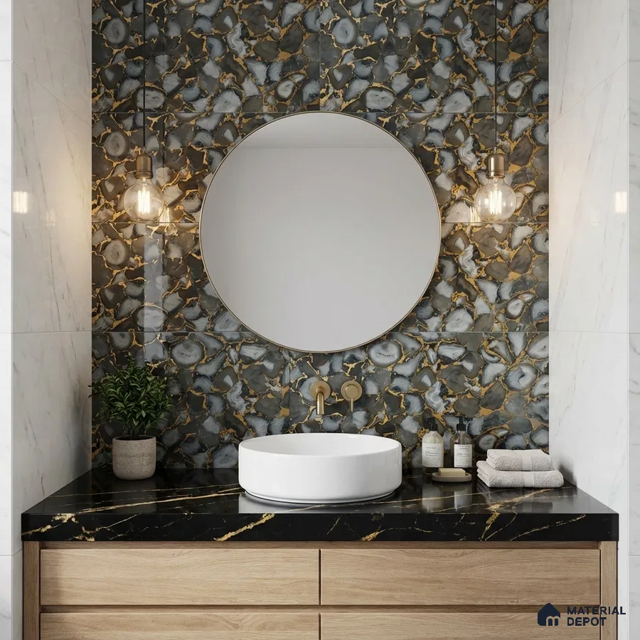 Modern bathroom with agate look highlighter wall tile, black marble countertop, and light oak vanity