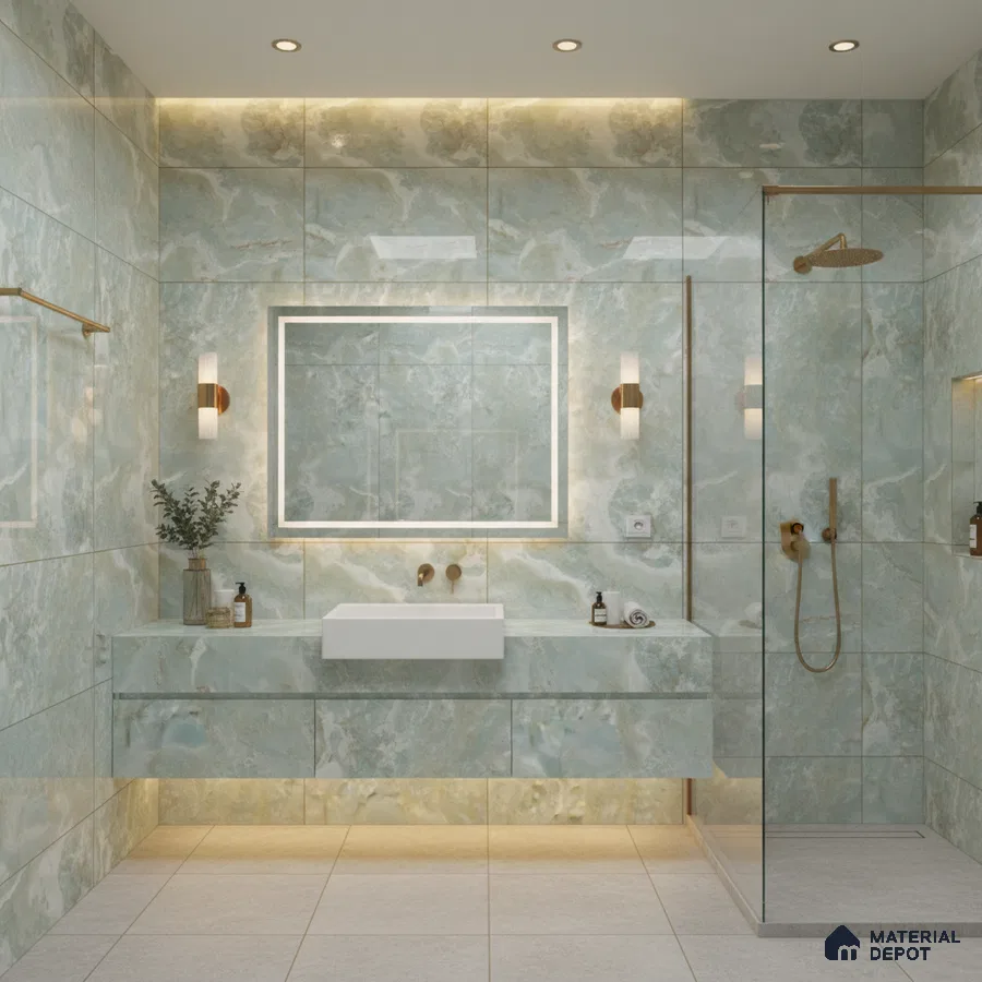 Modern bathroom with aqua green marble-look wall tiles and floating vanity | Material Depot