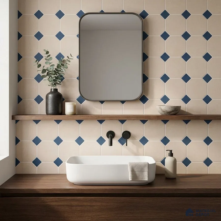 Modern bathroom with beige and blue geometric wall tiles and walnut wood vanity