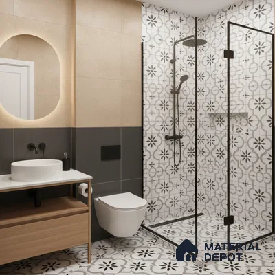 Modern bathroom with beige and charcoal wall tiles, black-and-white floral patterned tiles, and wood vanity in Bengaluru | Material Depot