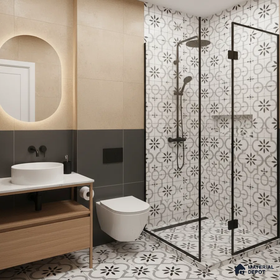 Modern bathroom with beige and charcoal wall tiles, black-and-white floral patterned tiles, and wood vanity in Bengaluru | Material Depot