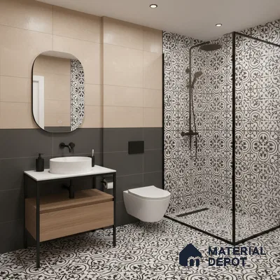 Modern bathroom with beige and grey wall tiles, black-and-white patterned floor and shower tiles in Bengaluru | Material Depot