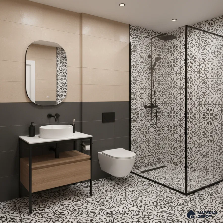 Modern bathroom with beige and grey wall tiles, black-and-white patterned floor and shower tiles in Bengaluru | Material Depot