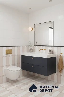 Modern bathroom with beige and white geometric wall and floor tiles, navy floating vanity, and white marble countertop in Bengaluru | Material Depot