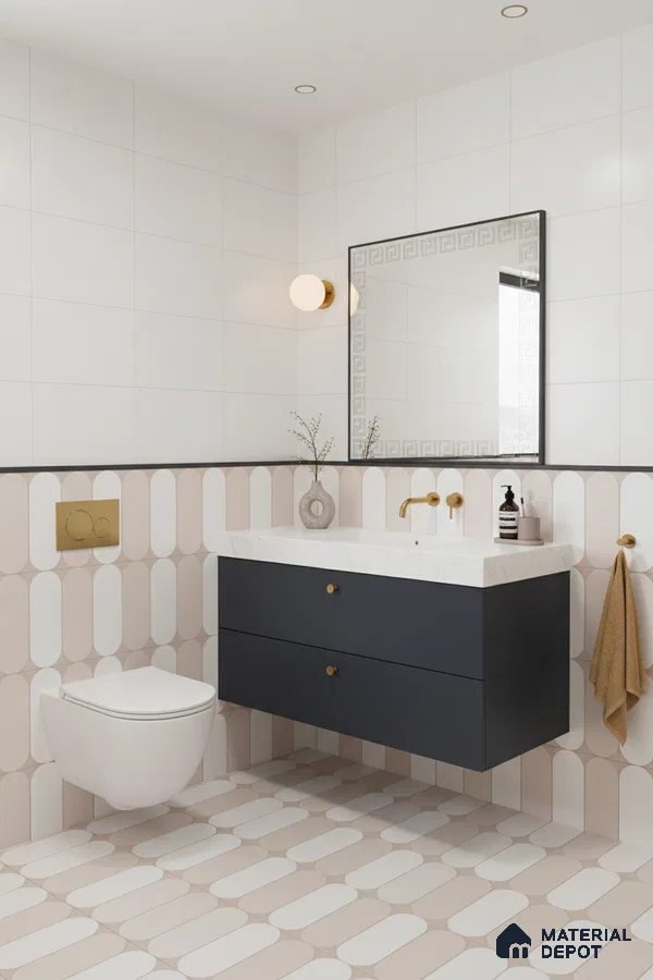 Modern bathroom with beige and white geometric wall and floor tiles, navy floating vanity, and white marble countertop in Bengaluru | Material Depot