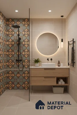 Modern bathroom with beige floor tiles, patterned moroccan wall tiles, and light oak vanity in Bengaluru | Material Depot