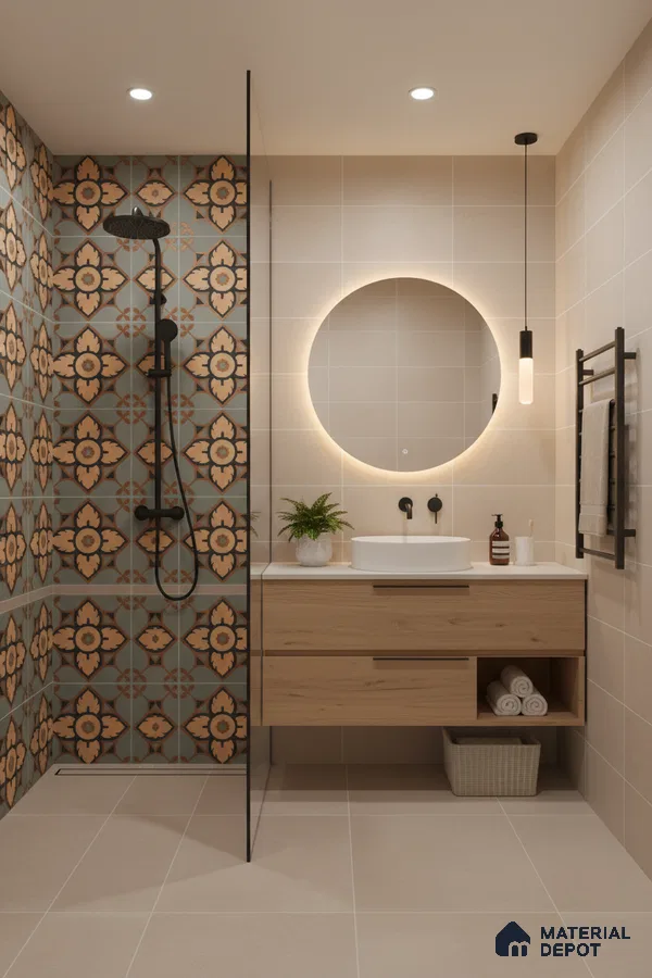 Modern bathroom with beige floor tiles, patterned moroccan wall tiles, and light oak vanity in Bengaluru | Material Depot
