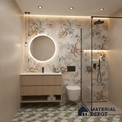 Modern bathroom design with beige floral highlighter wall tiles, geometric green floor tiles, and light wood vanity in Bengaluru | Material Depot