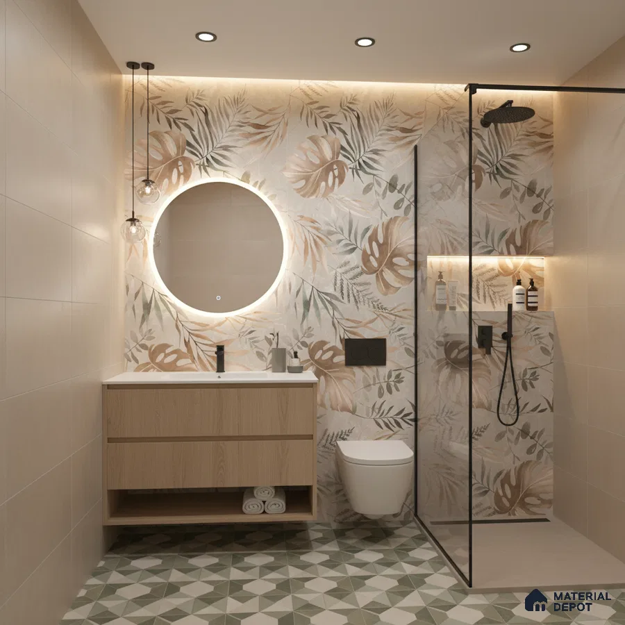 Modern bathroom design with beige floral highlighter wall tiles, geometric green floor tiles, and light wood vanity in Bengaluru | Material Depot