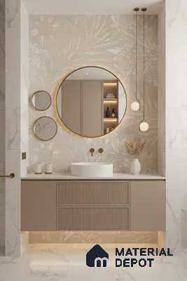 Modern bathroom design with beige floral tile, marble-look tiles, and taupe fluted vanity in Bengaluru | Material Depot
