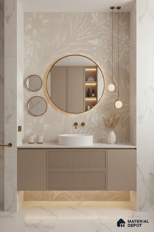 Modern bathroom design with beige floral tile, marble-look tiles, and taupe fluted vanity in Bengaluru | Material Depot