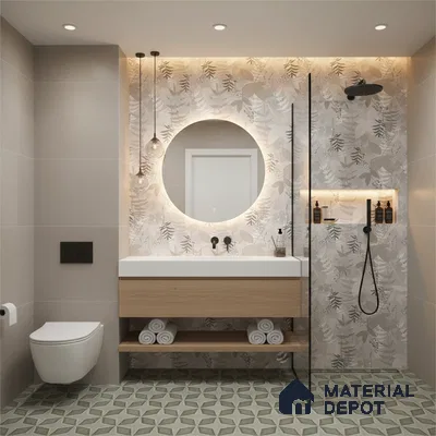 Modern bathroom design with beige floral wall tiles, light wood vanity, and geometric green patterned floor tiles in Bengaluru | Material Depot