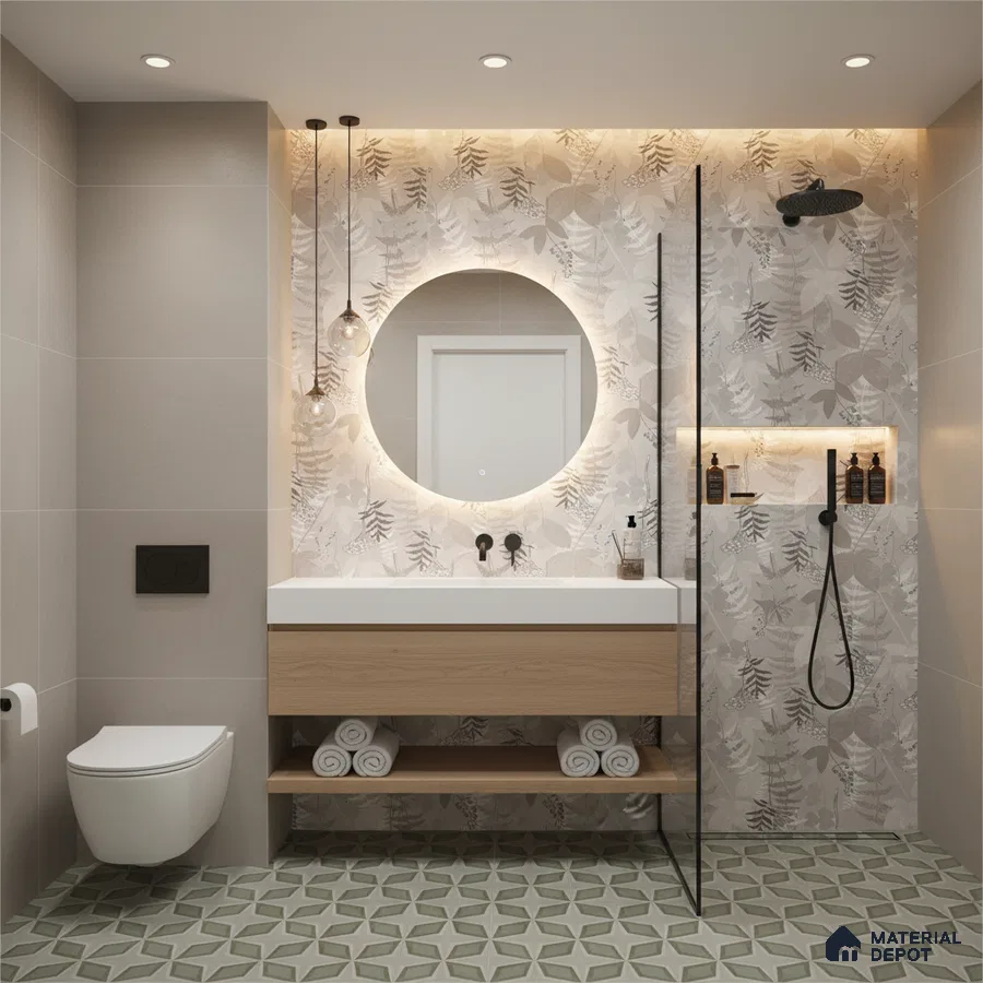 Modern bathroom design with beige floral wall tiles, light wood vanity, and geometric green patterned floor tiles in Bengaluru | Material Depot