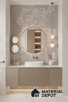 Modern bathroom design with beige fluted vanity, floral patterned wall tile, and white marble look tiles in Bengaluru | Material Depot