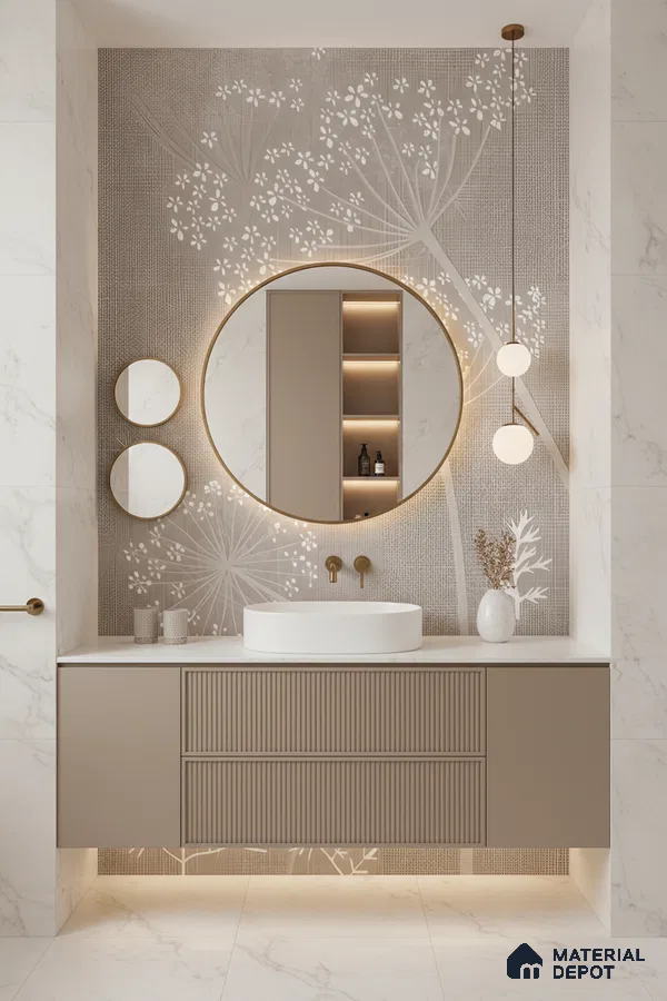 Modern bathroom design with beige fluted vanity, floral patterned wall tile, and white marble look tiles in Bengaluru | Material Depot