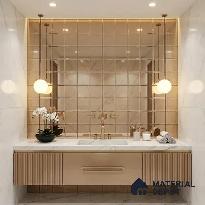 Modern bathroom with beige fluted vanity, gold mirror tiles, and white marble wall tiles