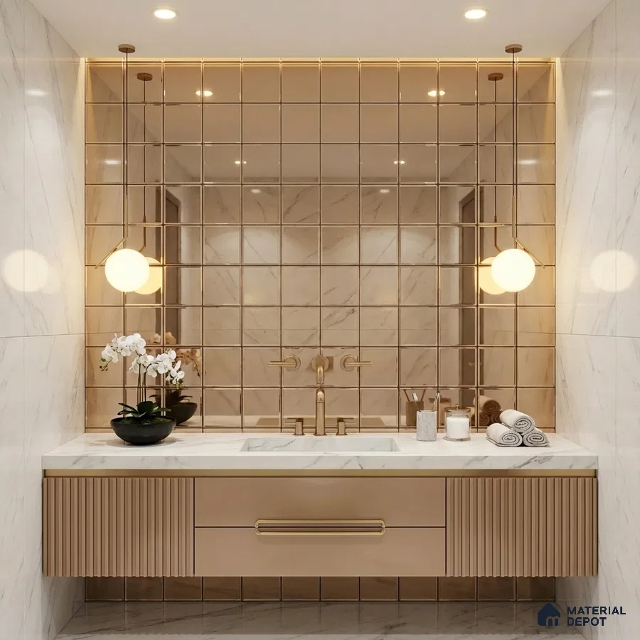 Modern bathroom with beige fluted vanity, gold mirror tiles, and white marble wall tiles