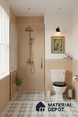 Modern bathroom with beige fluted wall tiles and green geometric patterned floor tiles | Material Depot
