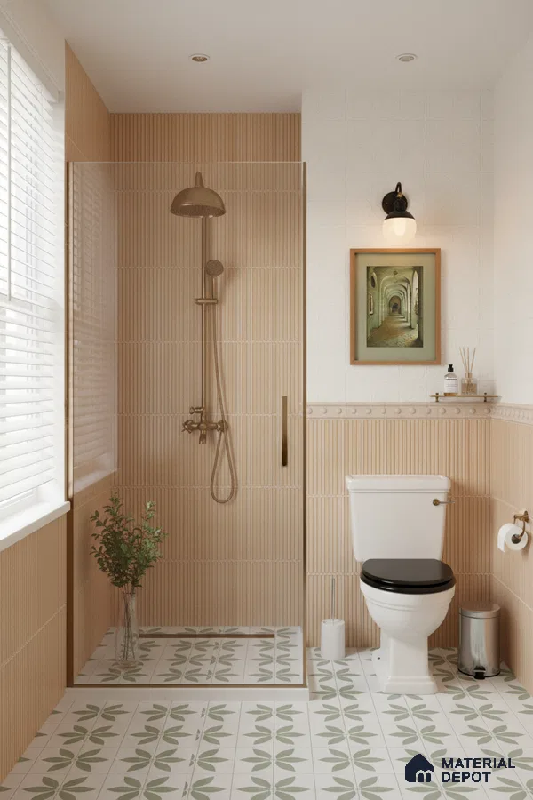 Modern bathroom with beige fluted wall tiles and green geometric patterned floor tiles | Material Depot