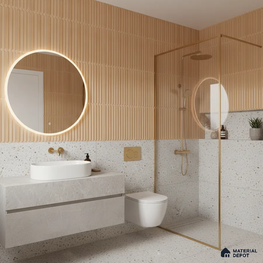 Modern bathroom with beige fluted wall tiles and terrazzo wall and floor tiles | Material Depot