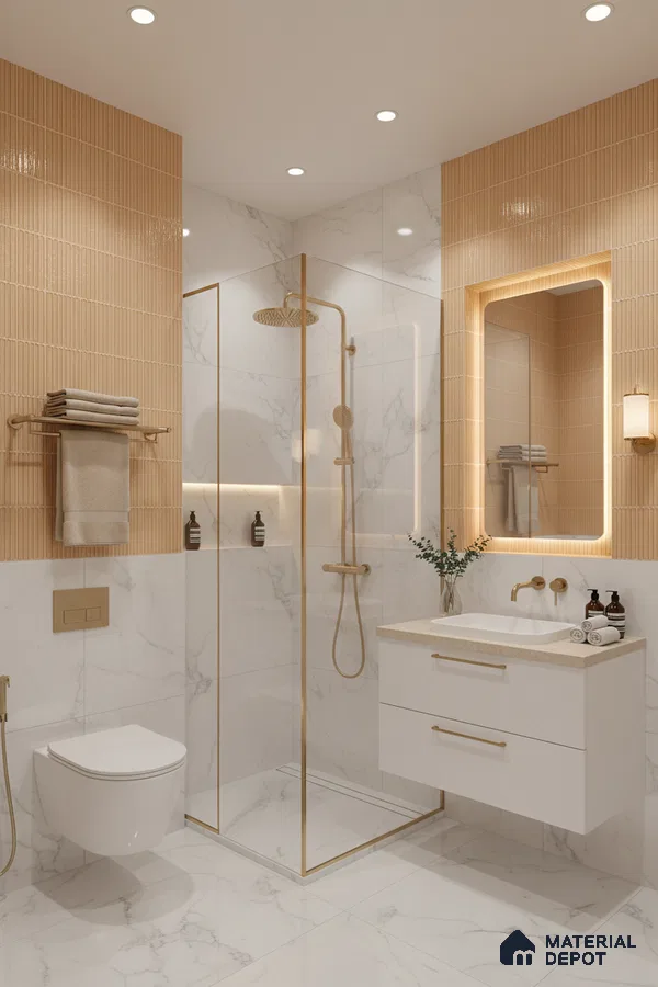 Modern bathroom with beige fluted wall tiles and white marble-look floor and wall tiles | Material Depot