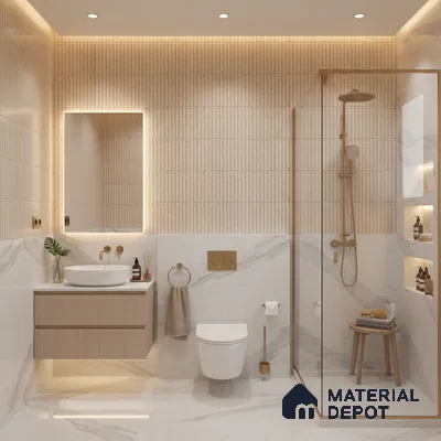 Modern bathroom with beige fluted wall tiles, white marble-look tiles, and light wood floating vanity | Material Depot