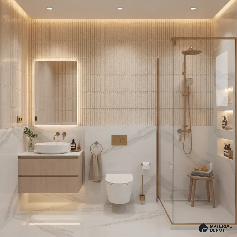 Modern bathroom with beige fluted wall tiles, white marble-look tiles, and light wood floating vanity | Material Depot