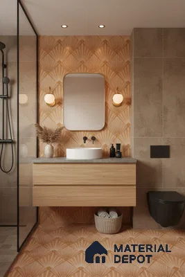 Modern bathroom with beige geometric patterned tiles, light oak vanity, and matte black fixtures in Bengaluru | Material Depot