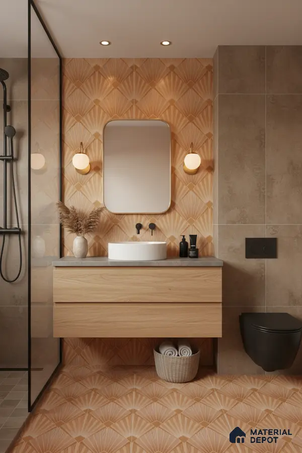 Modern bathroom with beige geometric patterned tiles, light oak vanity, and matte black fixtures in Bengaluru | Material Depot