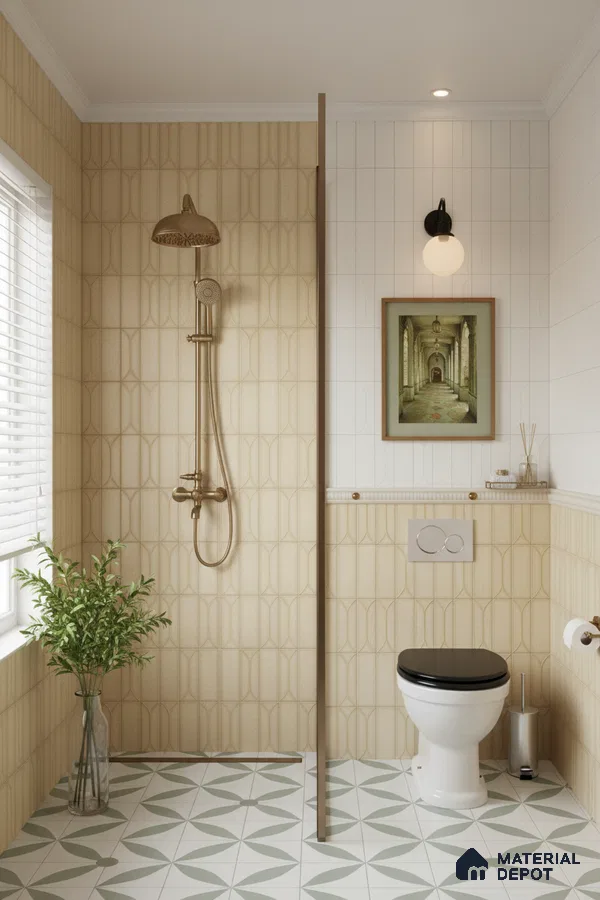 Modern bathroom with beige geometric wall tiles and green geometric patterned floor tiles | Material Depot