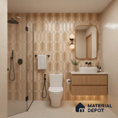 Modern bathroom with beige geometric wall tiles and light wood floating vanity | Material Depot