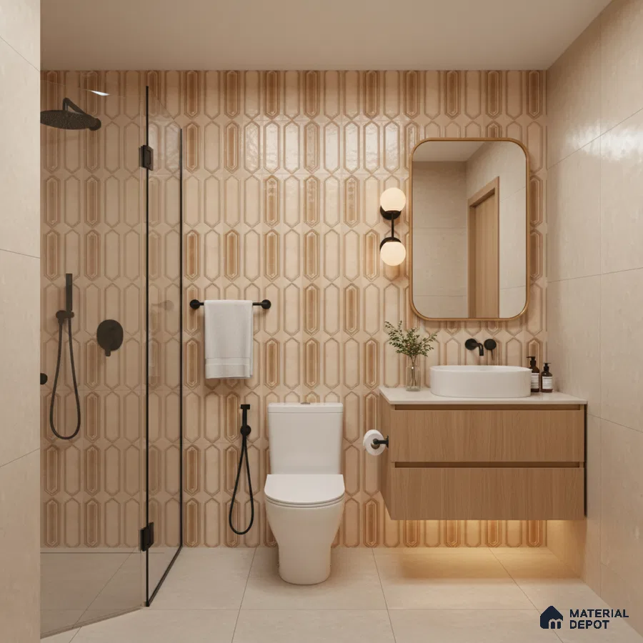 Modern bathroom with beige geometric wall tiles and light wood floating vanity | Material Depot