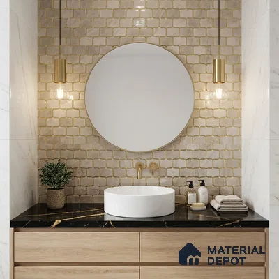 Modern bathroom with beige geometric wall tiles, black marble countertop, and light oak vanity