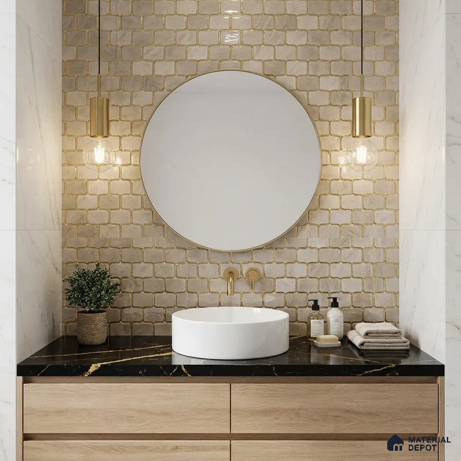 Modern bathroom with beige geometric wall tiles, black marble countertop, and light oak vanity