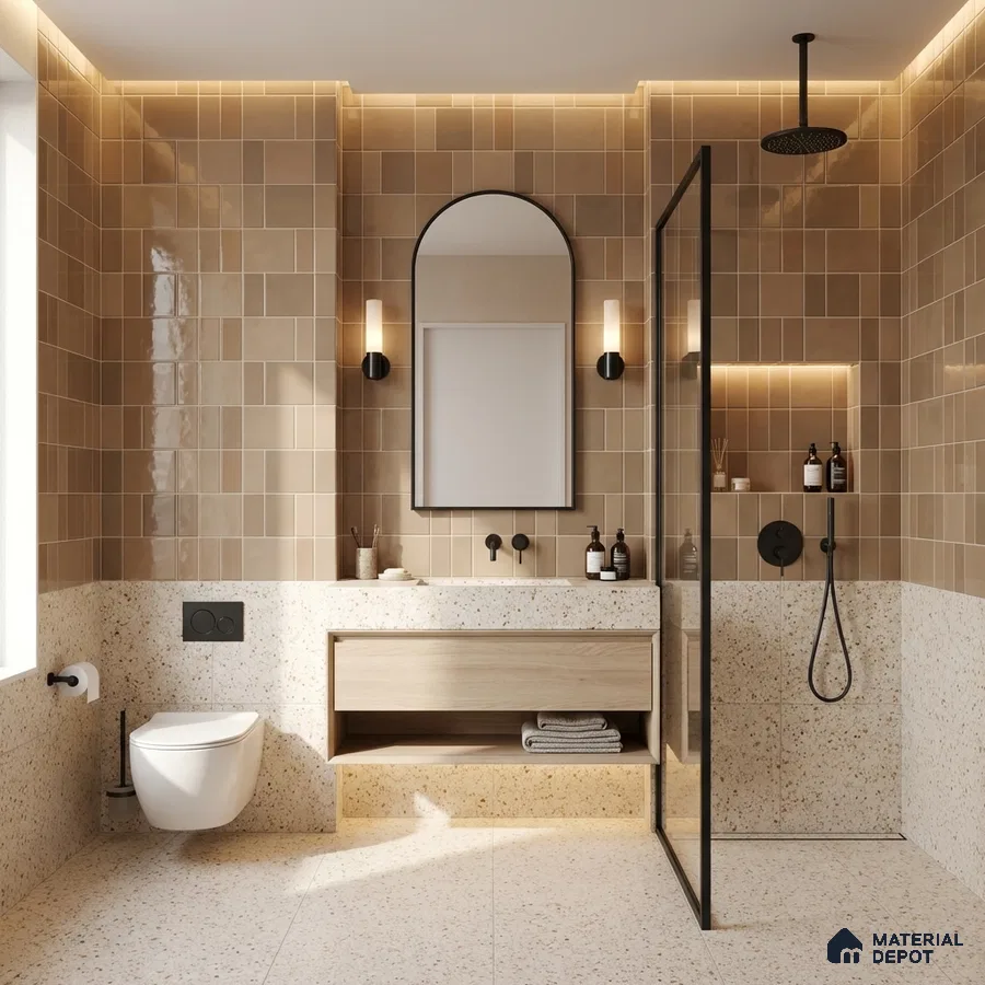 Modern bathroom with beige glossy subway wall tiles and terrazzo floor and wall tiles