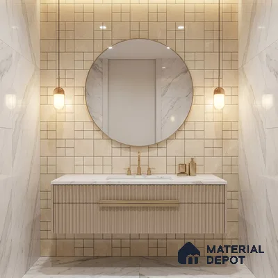Modern bathroom with beige grid wall tiles, fluted vanity, and white marble wall tiles